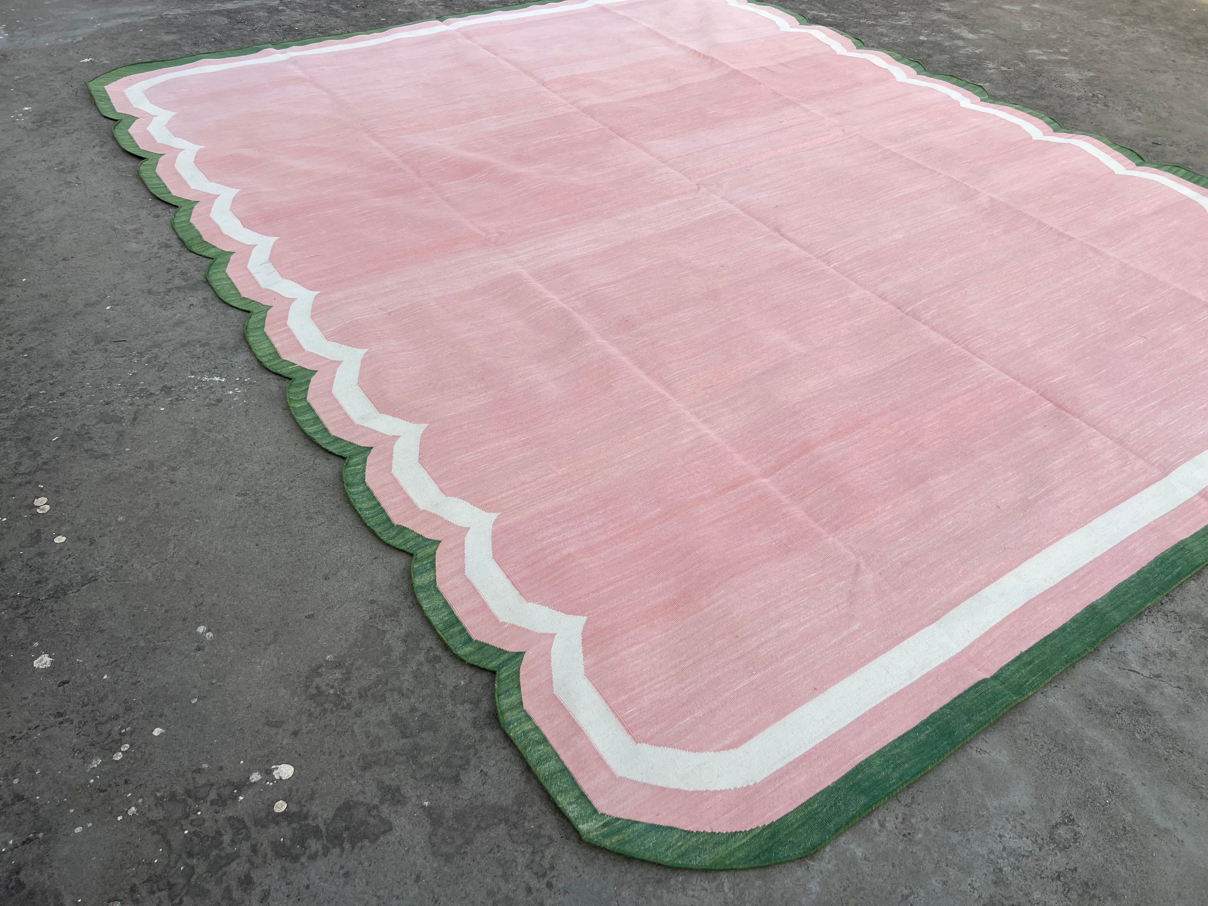 Modern Handmade Cotton Rug, Pink, Cream and Green Scalloped Indian Dhurrie-9650