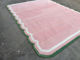 Modern Handmade Cotton Rug, Pink, Cream and Green Scalloped Indian Dhurrie-9650