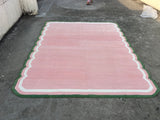 Modern Handmade Cotton Rug, Pink, Cream and Green Scalloped Indian Dhurrie-9650