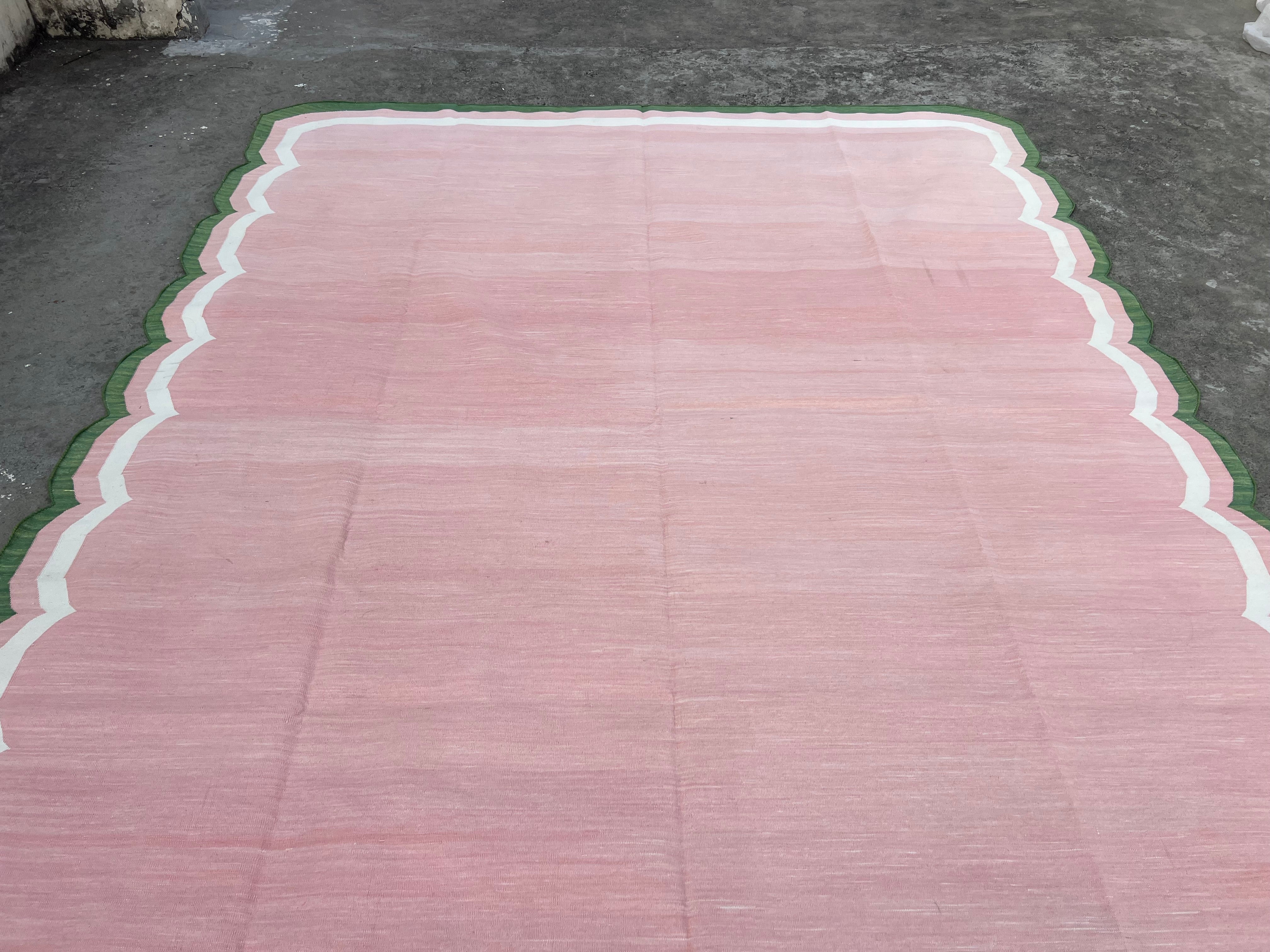 Modern Handmade Cotton Rug, Pink, Cream and Green Scalloped Indian Dhurrie-9650