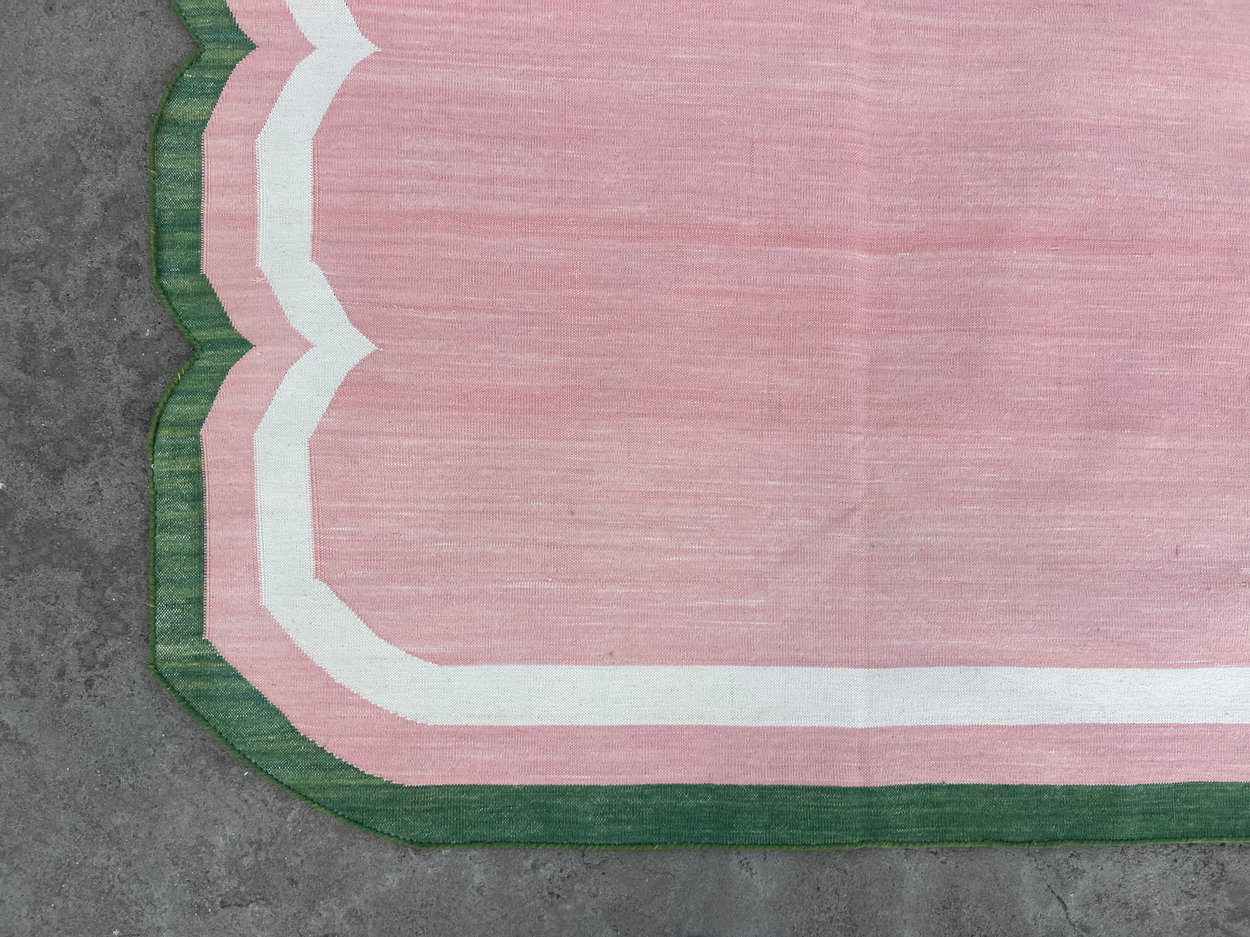 Modern Handmade Cotton Rug, Pink, Cream and Green Scalloped Indian Dhurrie-9650