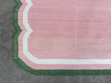 Modern Handmade Cotton Rug, Pink, Cream and Green Scalloped Indian Dhurrie-9650