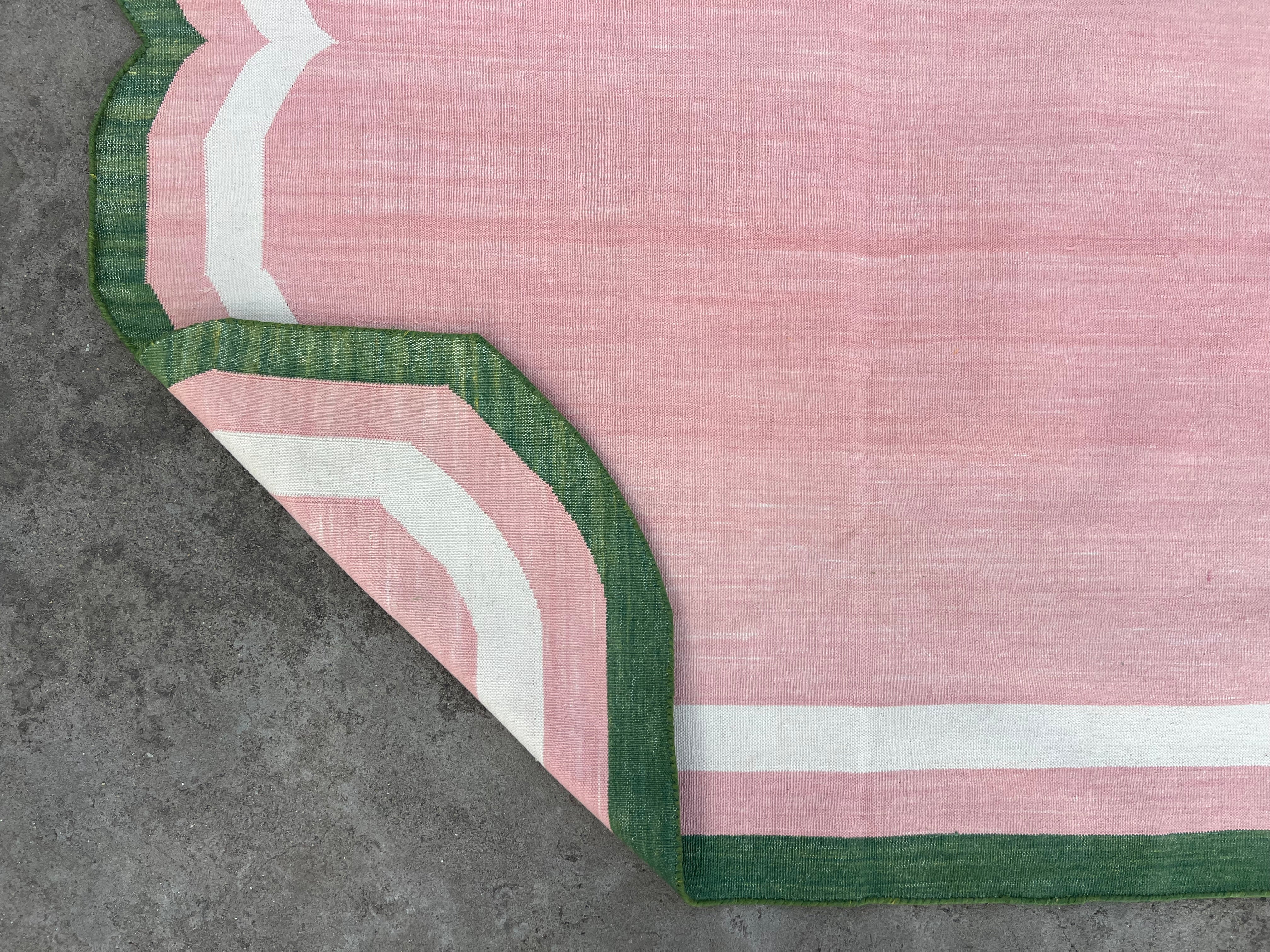 Modern Handmade Cotton Rug, Pink, Cream and Green Scalloped Indian Dhurrie-9650