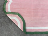 Modern Handmade Cotton Rug, Pink, Cream and Green Scalloped Indian Dhurrie-9650