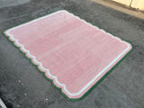 Modern Handmade Cotton Rug, Pink, Cream and Green Scalloped Indian Dhurrie-9650