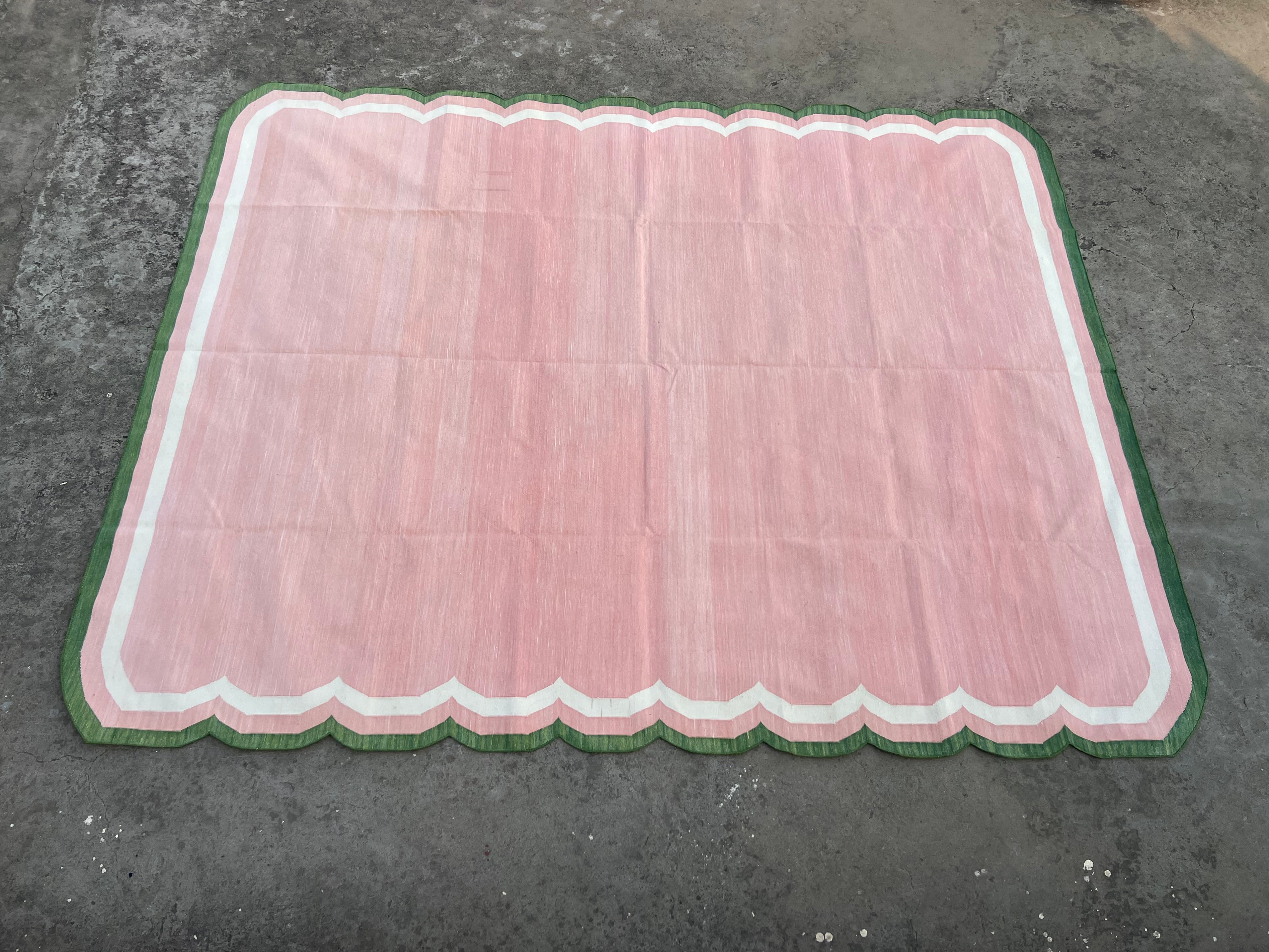 Modern Handmade Cotton Rug, Pink, Cream and Green Scalloped Indian Dhurrie-9650