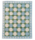 Modern Handmade Cotton Tile Patterned Green And Sky Blue Geometric Tile Rug