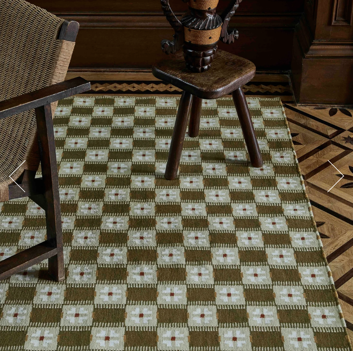 Handmade New Zealand Wool Olive Green, White, Cream And Red Geometric Rug for Hannah Parker in Size 280x280cm