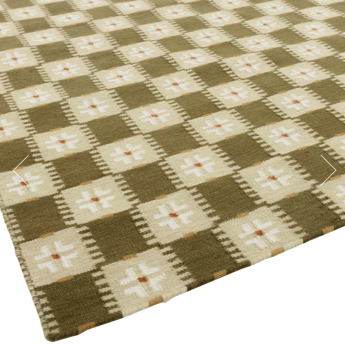 Handmade New Zealand Wool Olive Green, White, Cream And Red Geometric Rug for Hannah Parker in Size 280x280cm