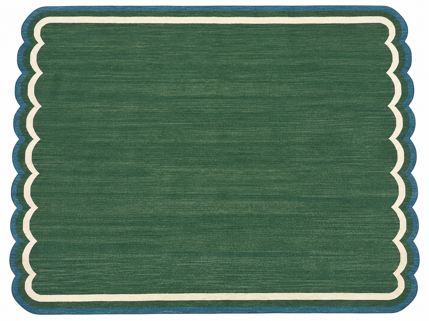 Modern Handmade Cotton Forest Green, Cream And Teal Blue Two Sided Scalloped Rug-9671