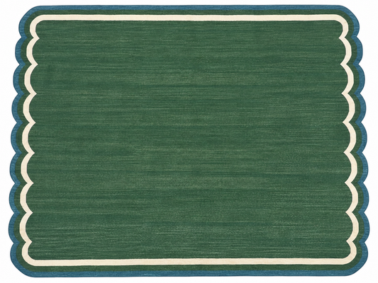 Modern Handmade Cotton Forest Green, Cream And Teal Blue Two Sided Scalloped Rug-9671