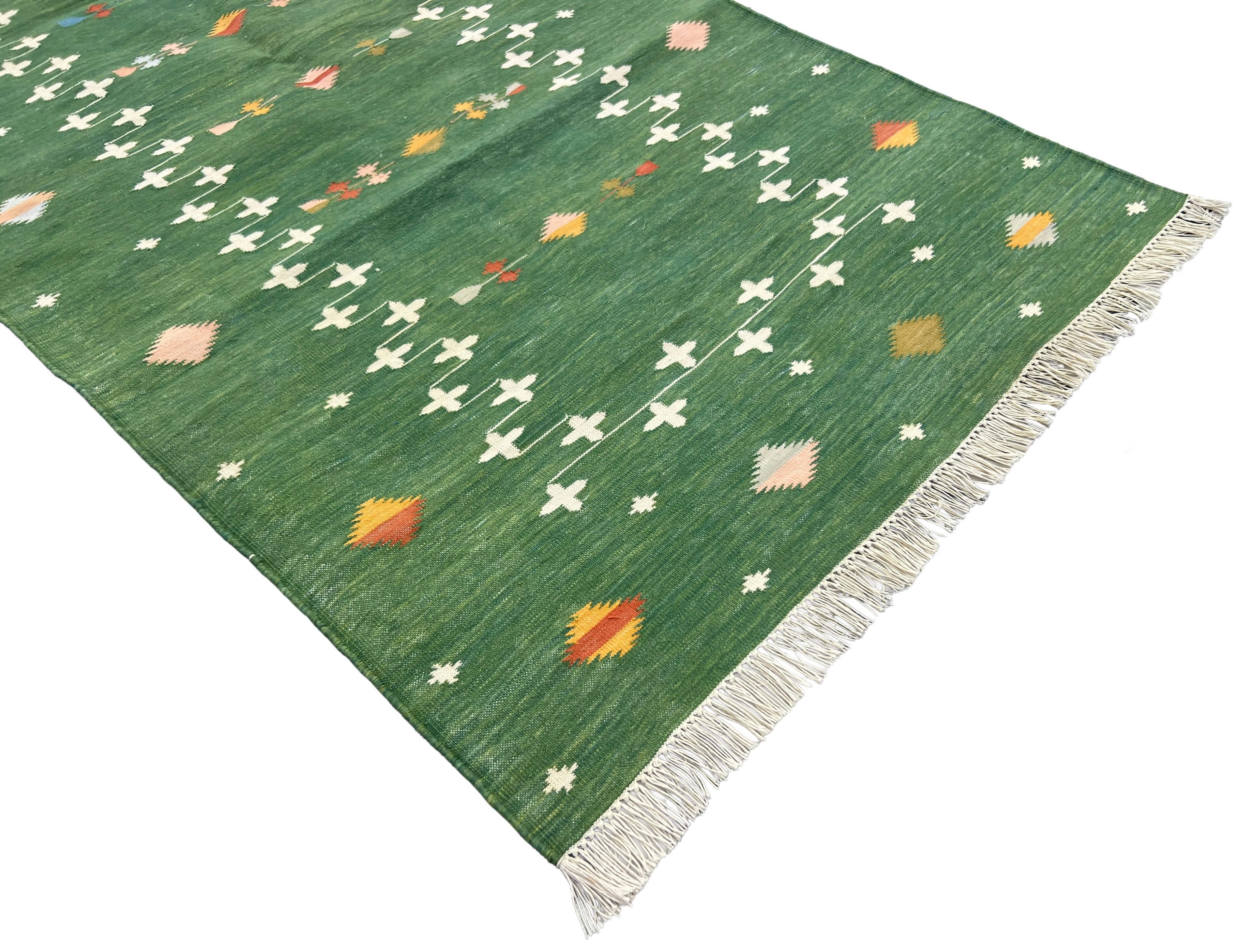 Modern Handmade Cotton Forest Green Shooting Star Dhurrie Runner-6816