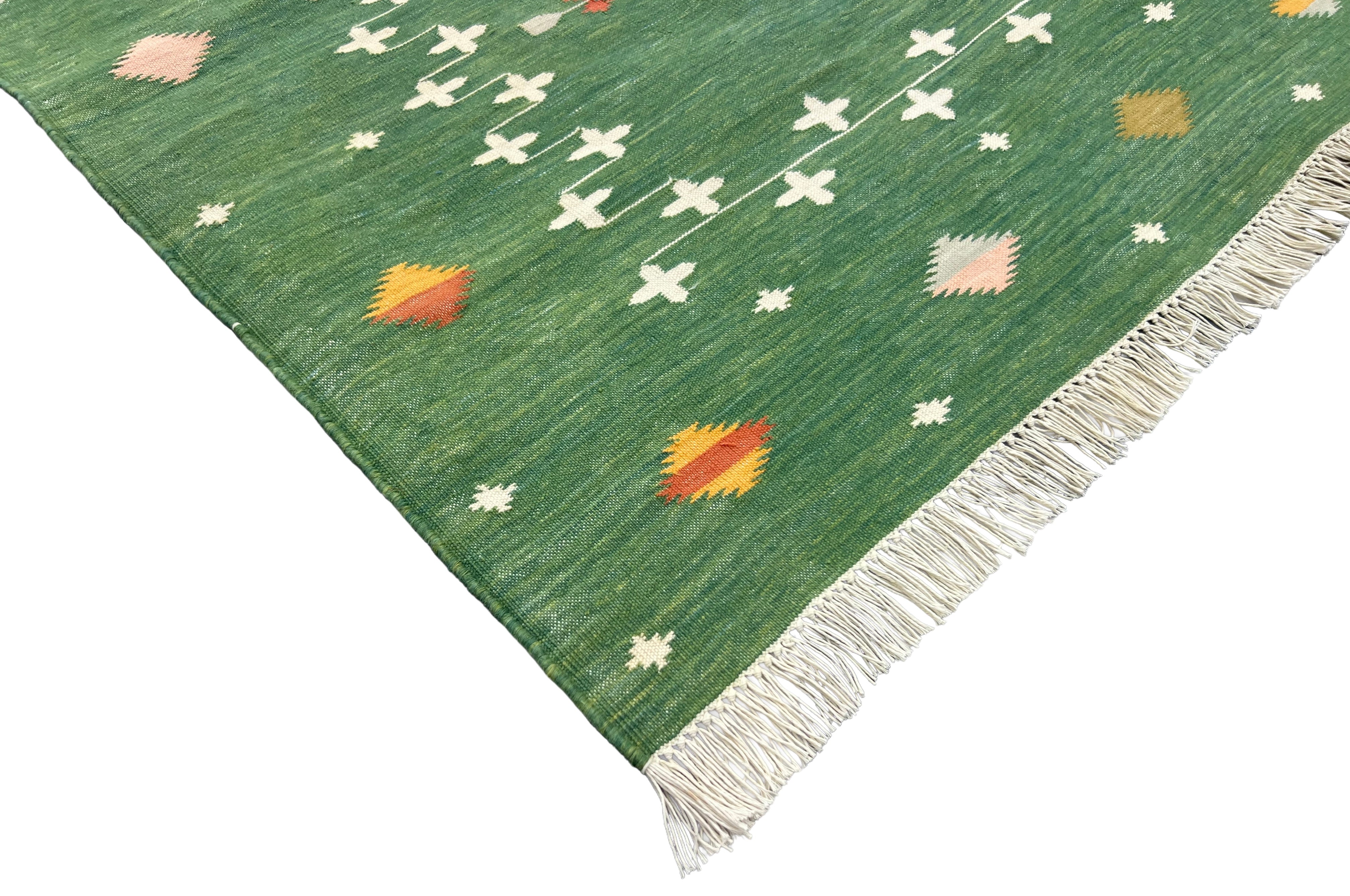 Modern Handmade Cotton Forest Green Shooting Star Dhurrie Runner-6816