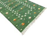 Modern Handmade Cotton Forest Green Shooting Star Dhurrie Runner-6816