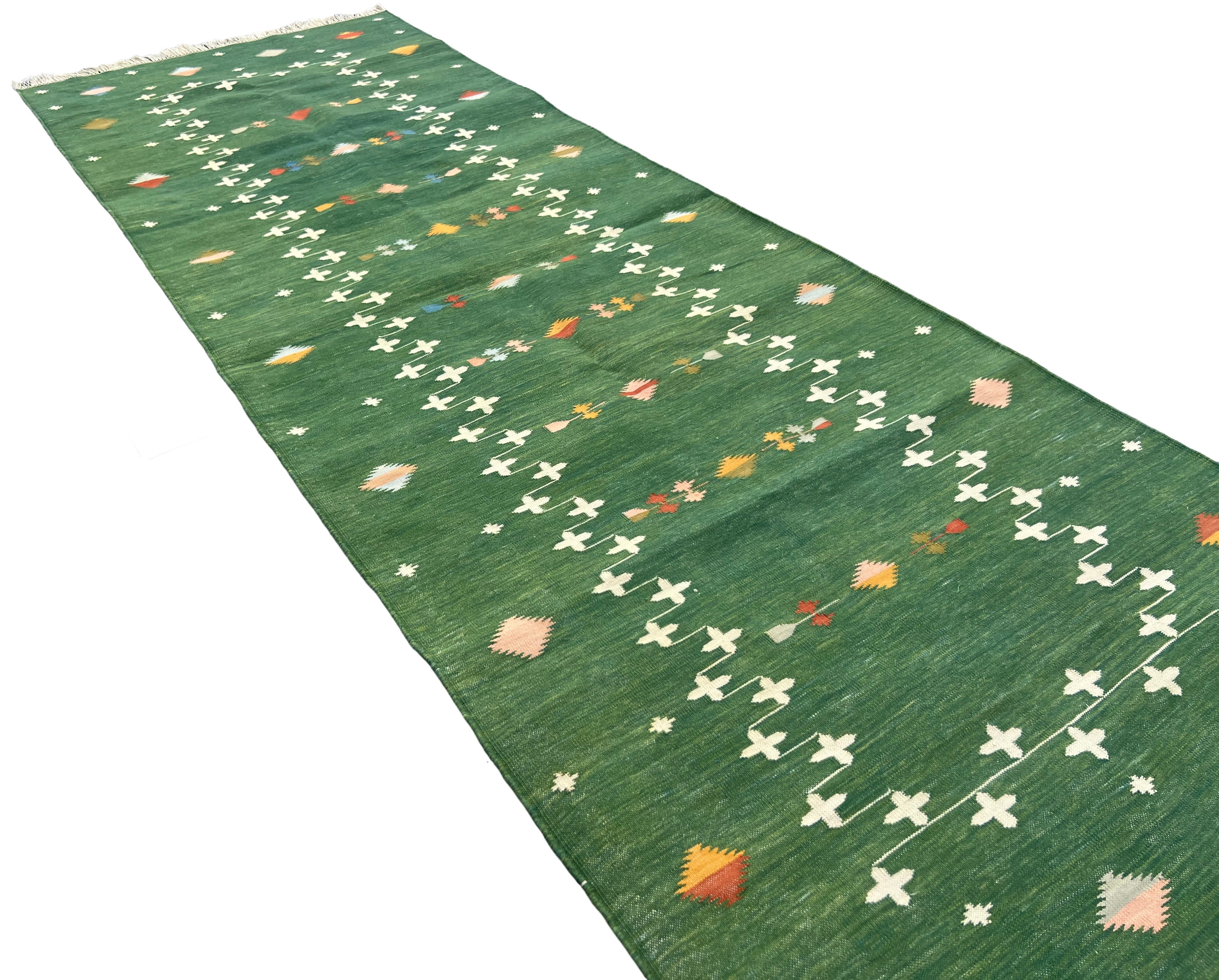 Modern Handmade Cotton Forest Green Shooting Star Dhurrie Runner-6816