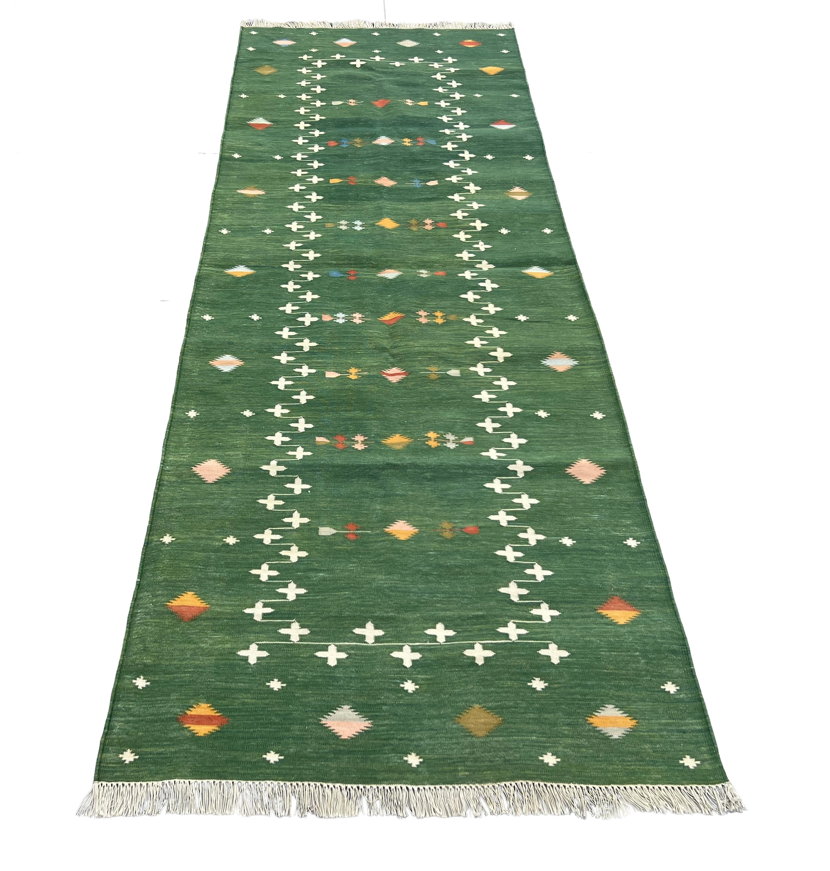 Modern Handmade Cotton Forest Green Shooting Star Dhurrie Runner-6816