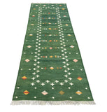 Modern Handmade Cotton Forest Green Shooting Star Dhurrie Runner-6816