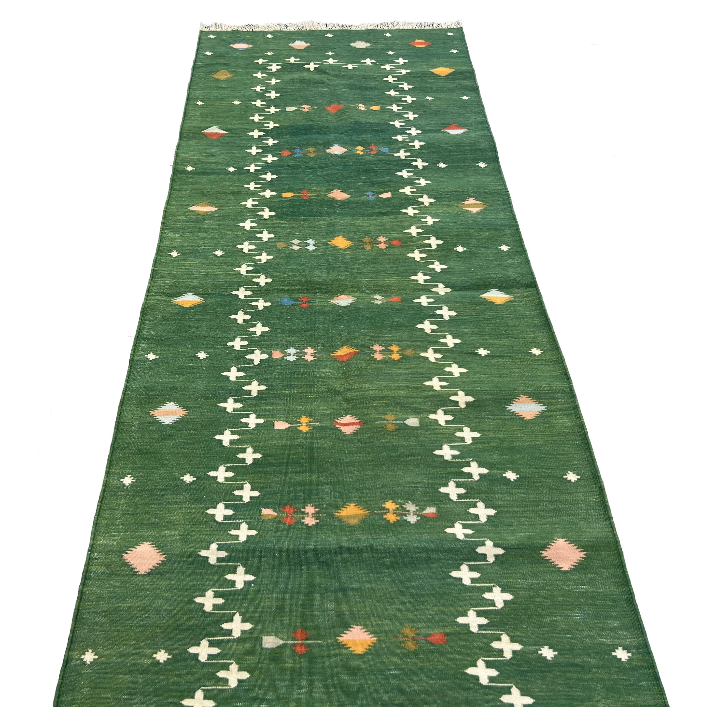 Modern Handmade Cotton Forest Green Shooting Star Dhurrie Runner-6816