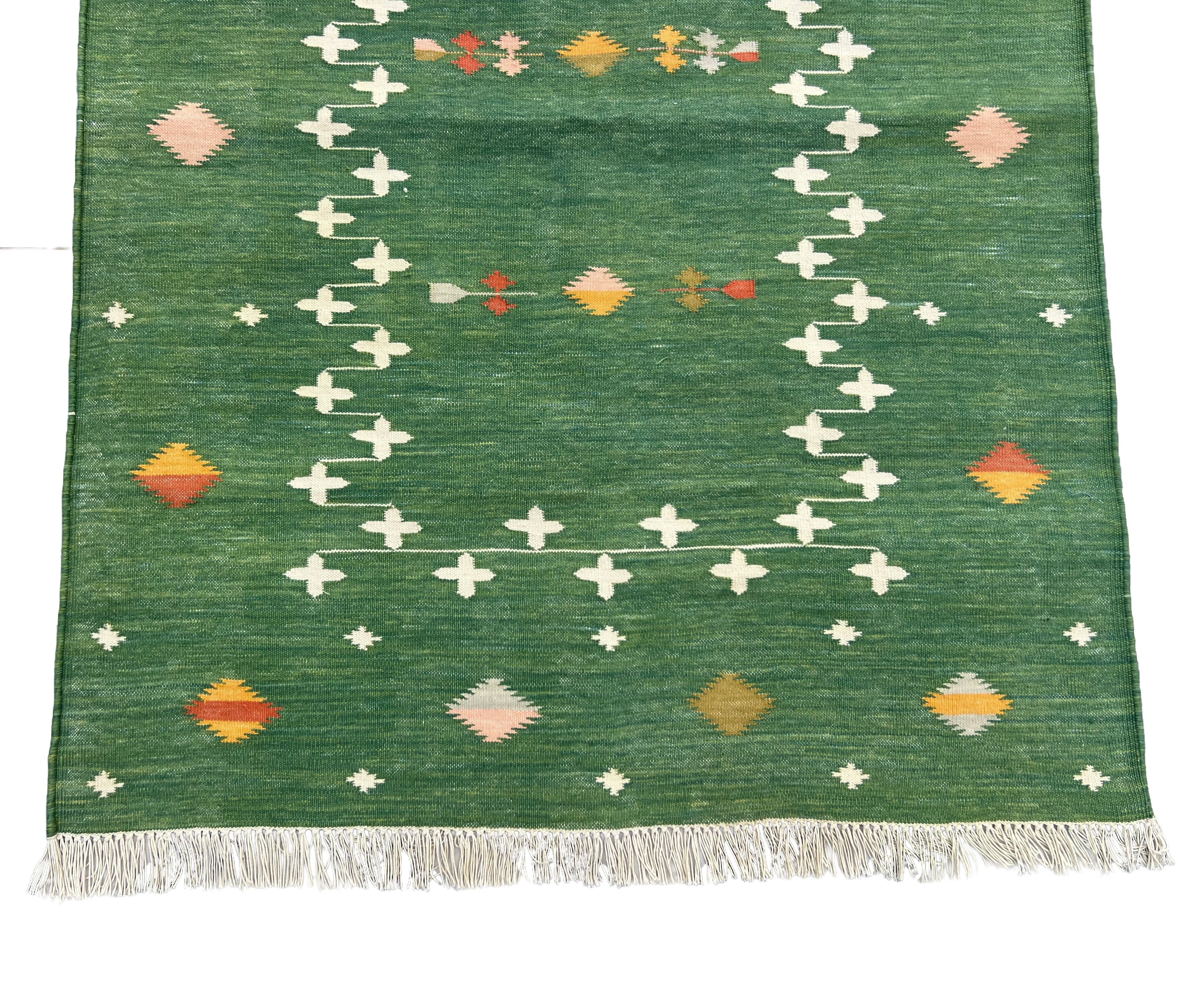 Modern Handmade Cotton Forest Green Shooting Star Dhurrie Runner-6816