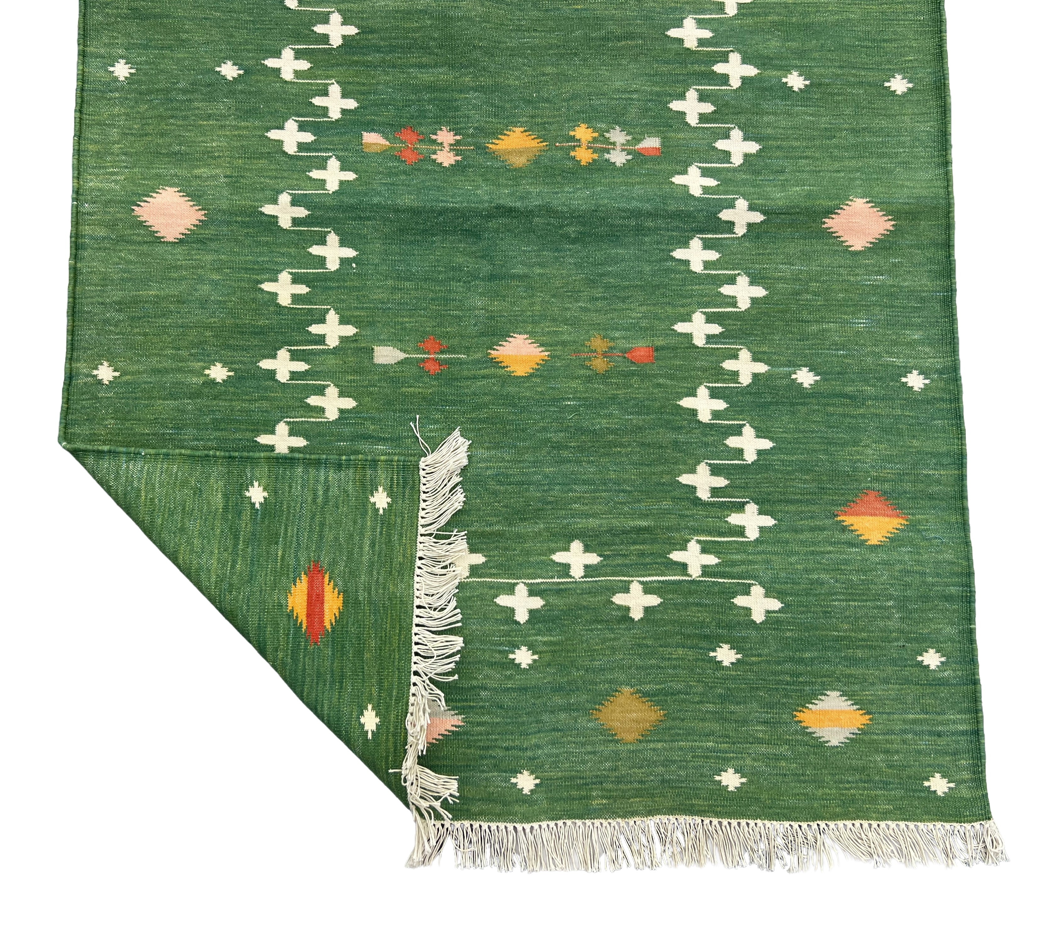 Modern Handmade Cotton Forest Green Shooting Star Dhurrie Runner-6816
