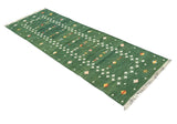 Modern Handmade Cotton Forest Green Shooting Star Dhurrie Runner-6816
