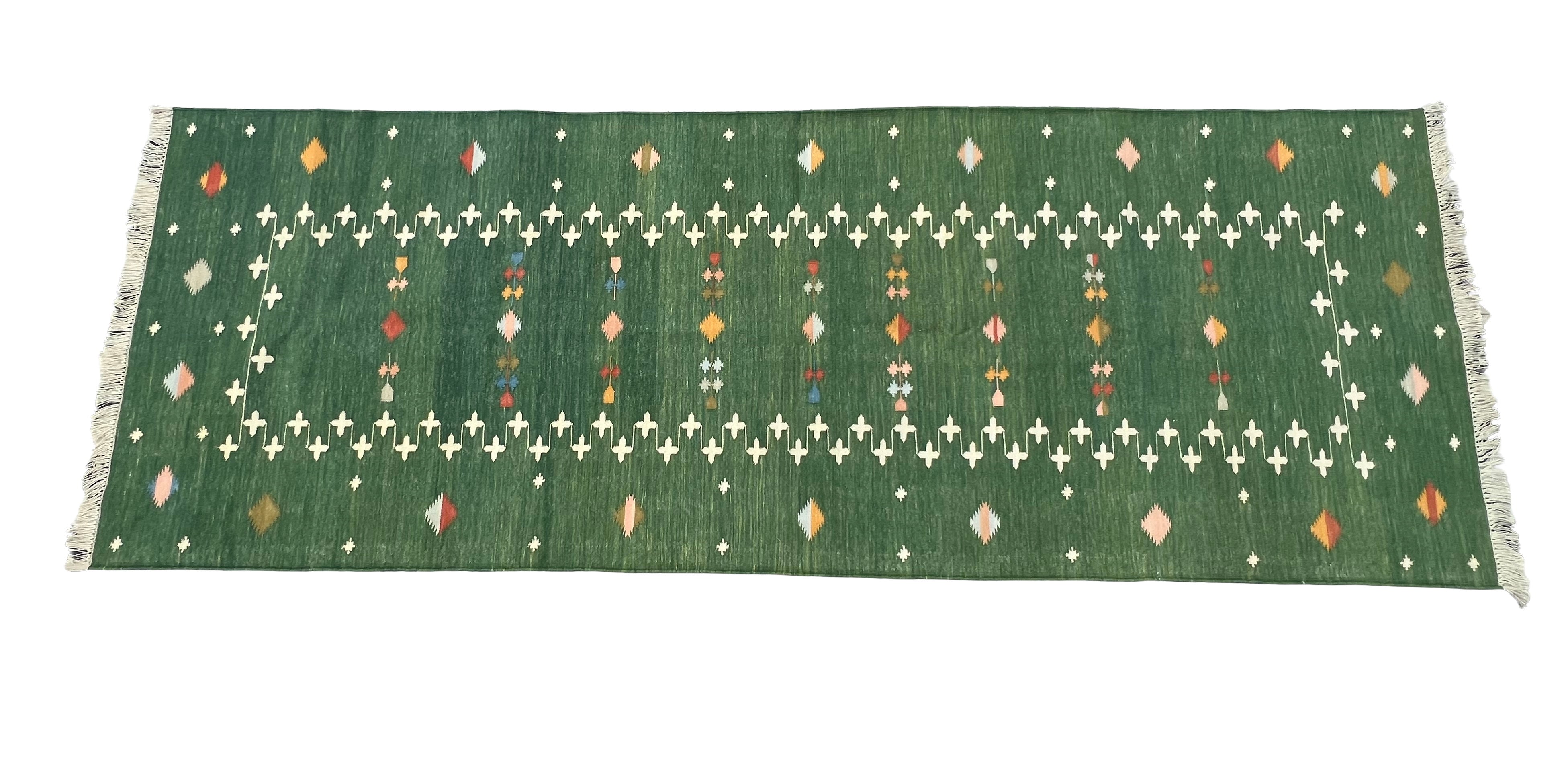 Modern Handmade Cotton Forest Green Shooting Star Dhurrie Runner-6816