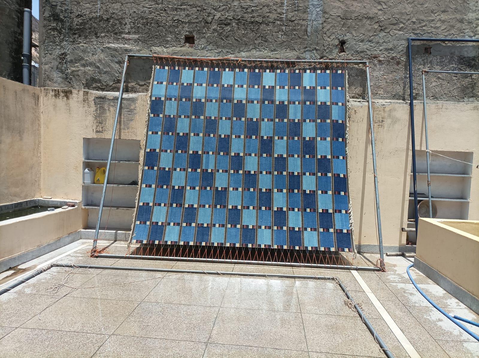 Modern Handmade Cotton Area Flat Weave Rug, Blue, Cream And Brown Checked Dhurrie-6724