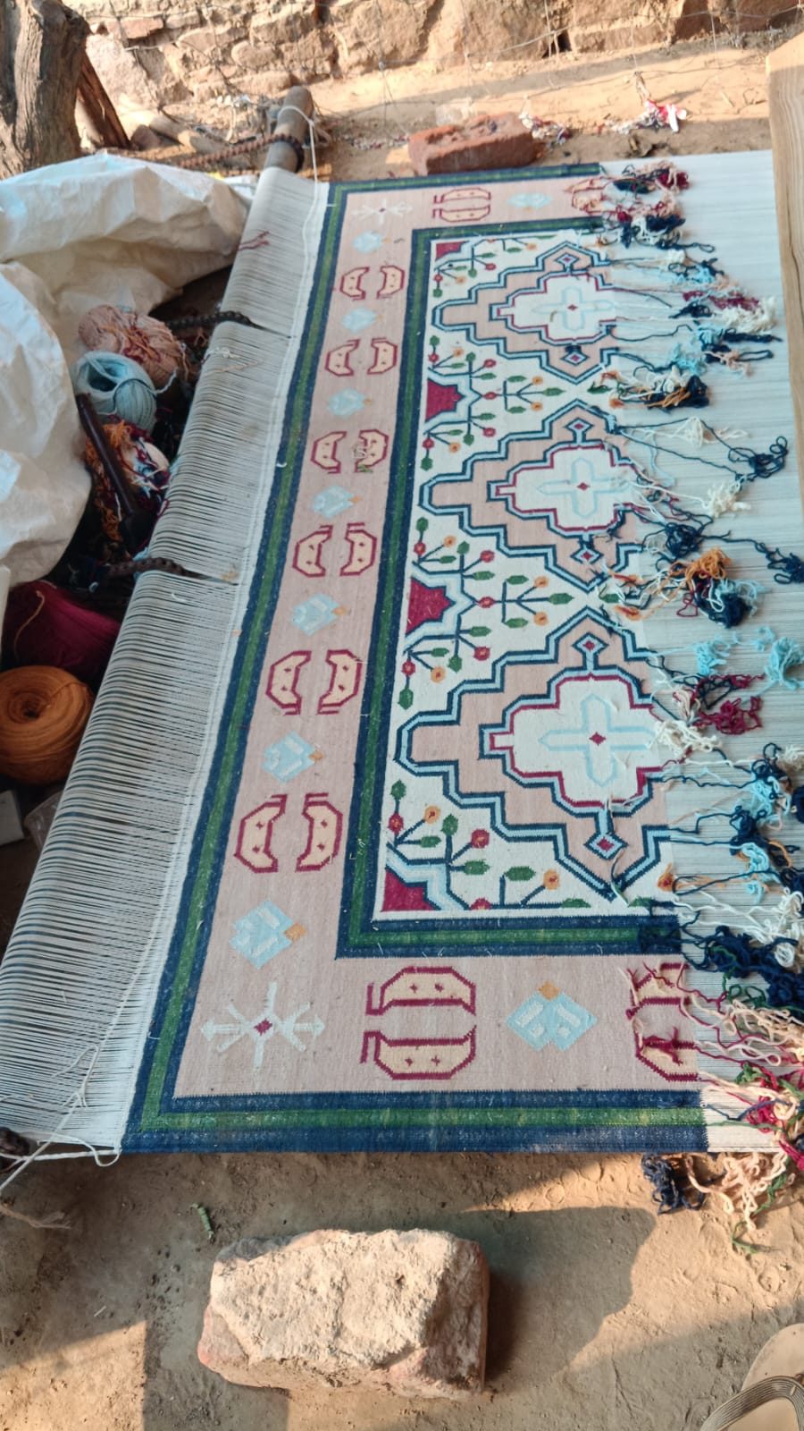 Modern Handmade Cotton Cream, Peach Red Leaf Geometric Indian Dhurrie-6741