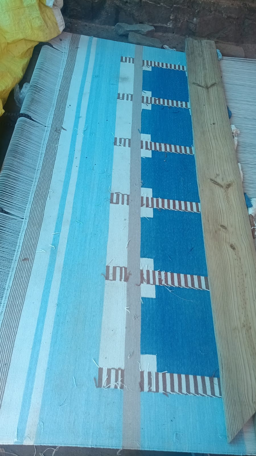 Modern Handmade Cotton Area Flat Weave Rug, Blue, Cream, Beige And Tan Geometric Dhurrie-6751