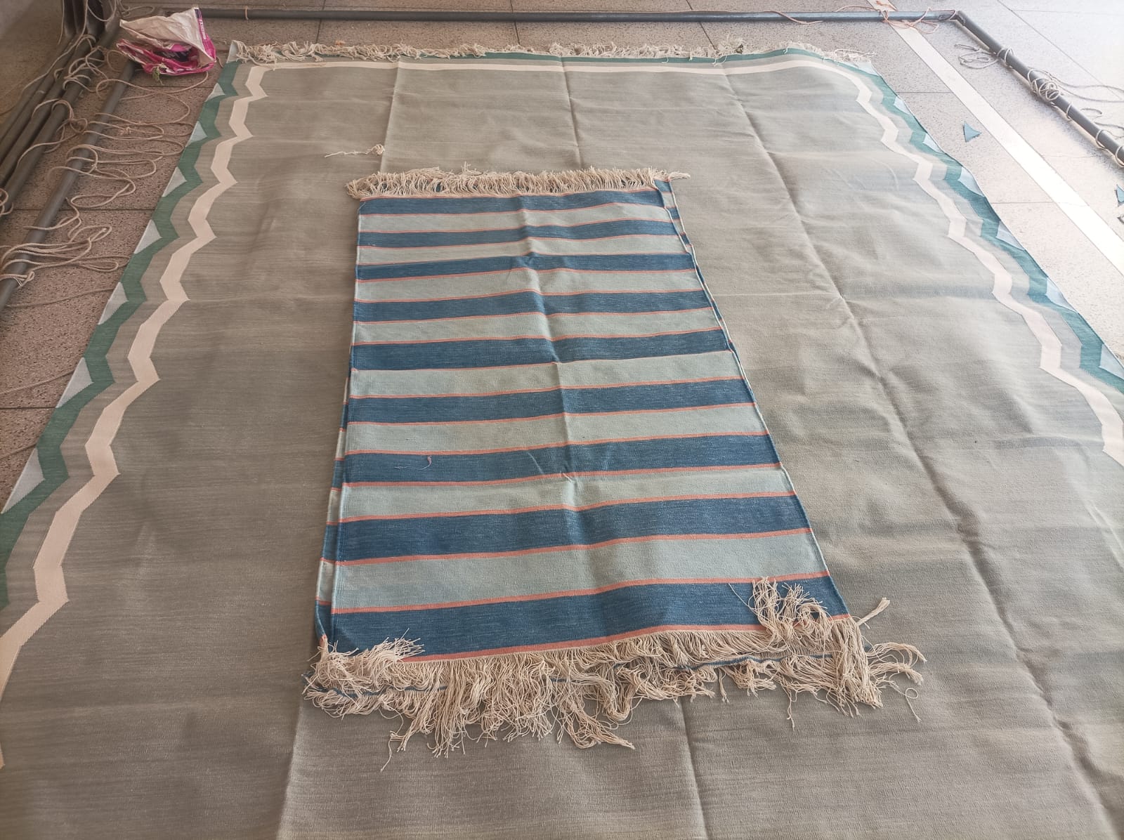 Modern Handmade Cotton Blue And Orange Striped Area Rug-6765