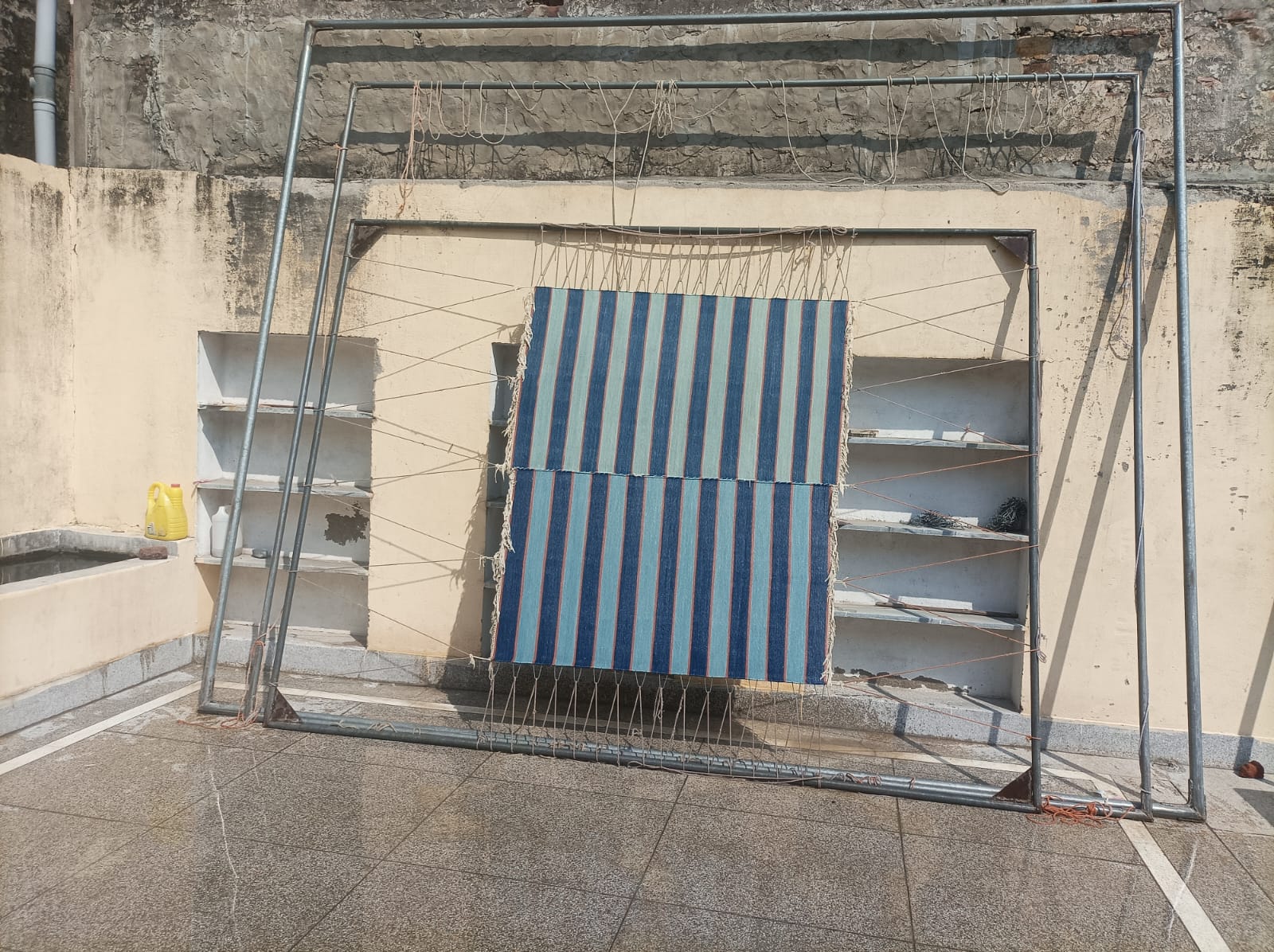 Modern Handmade Cotton Blue And Orange Striped Area Rug-6765