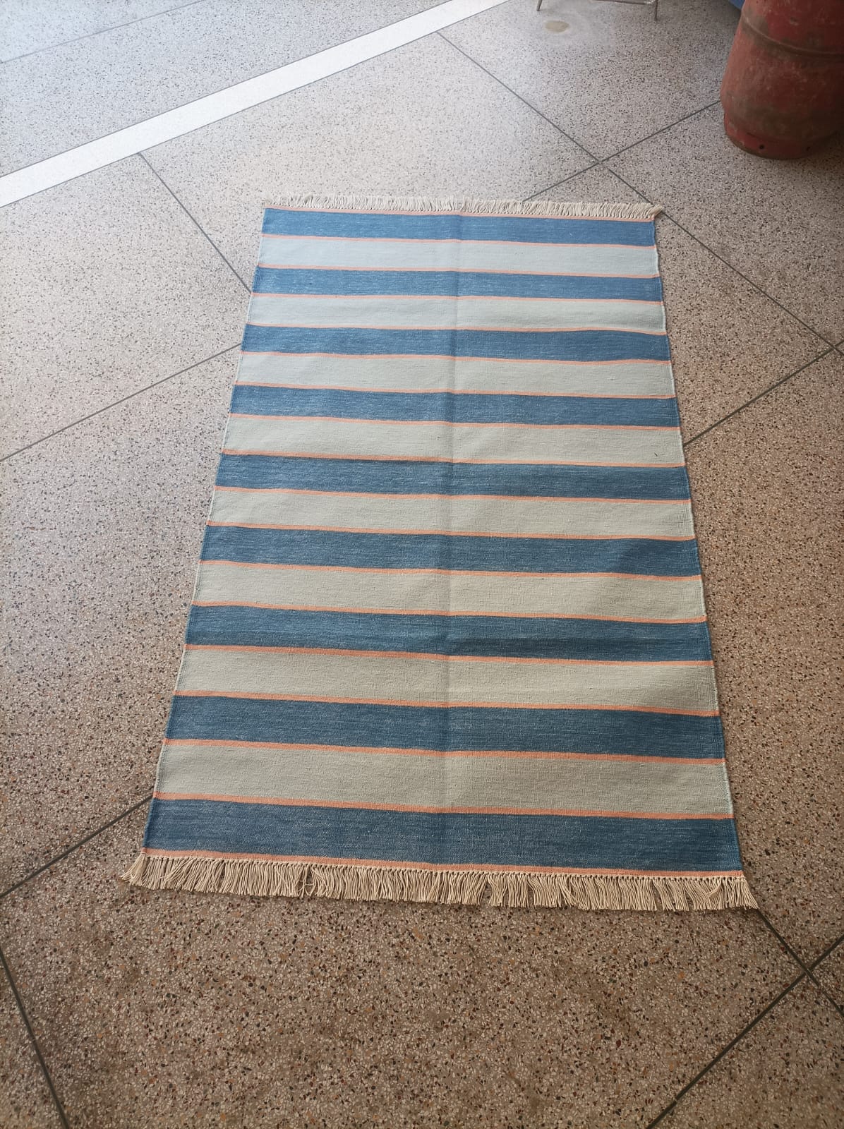 Modern Handmade Cotton Blue And Orange Striped Area Rug-6765