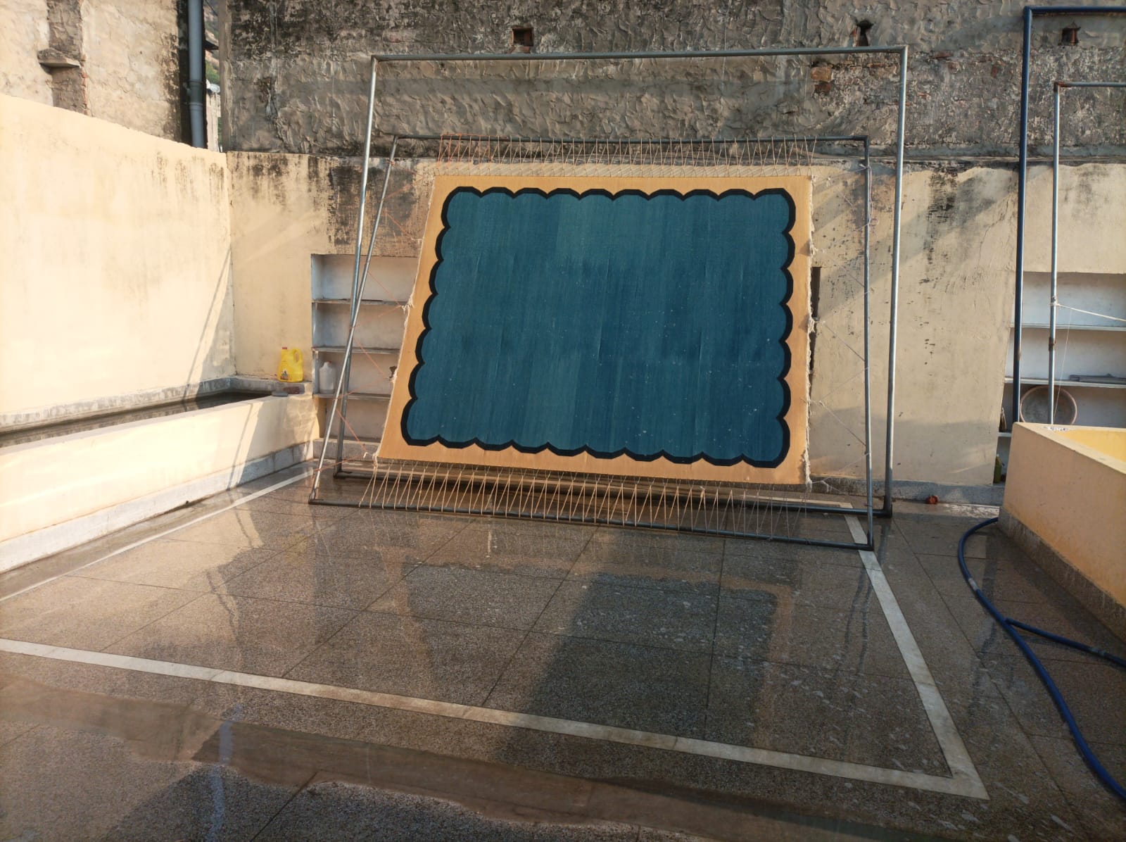 Modern Handmade Cotton Teal Blue, Black and Cream Scalloped Rug-6766