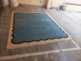 Modern Handmade Cotton Teal Blue, Black and Cream Scalloped Rug-6766