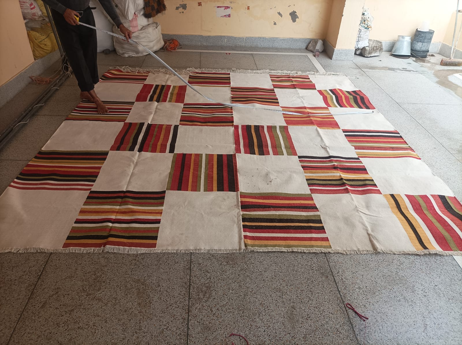 Modern Handmade Cotton Rug, 10x10 Cream, Red, Green, Brown Tile Striped Rug-6768