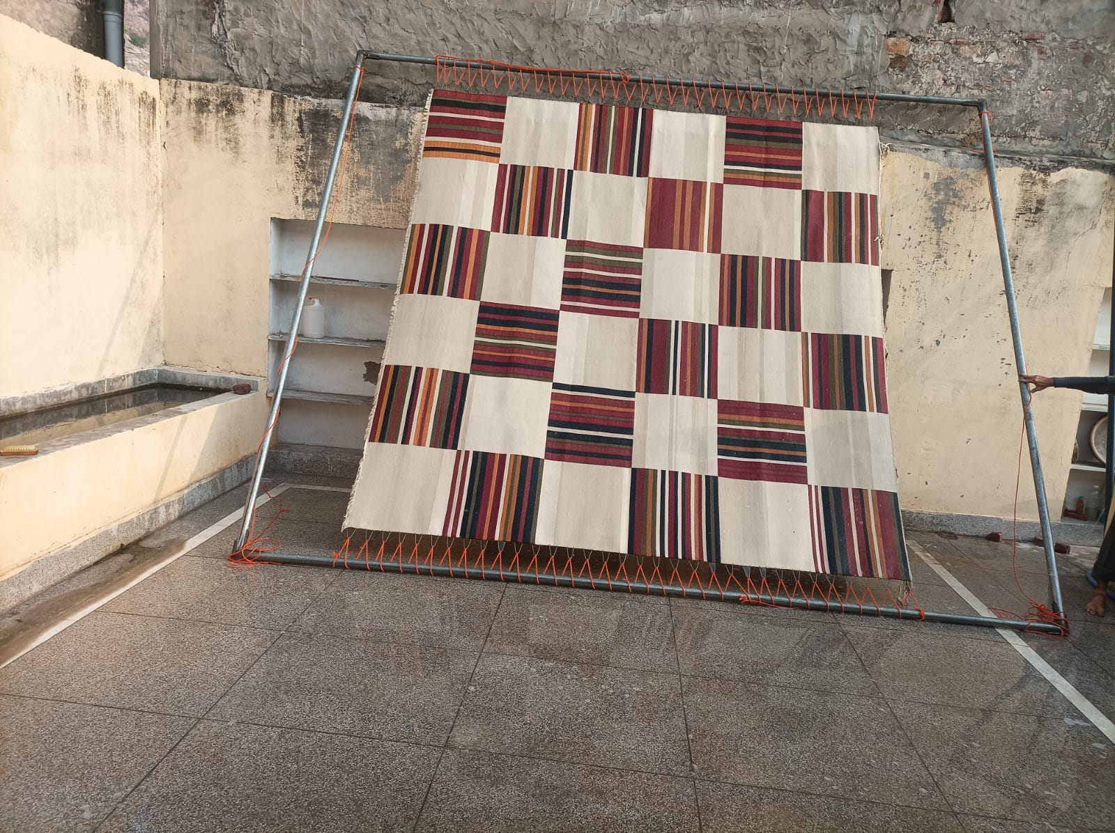 Modern Handmade Cotton Rug, 10x10 Cream, Red, Green, Brown Tile Striped Rug-6768