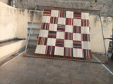 Modern Handmade Cotton Rug, 10x10 Cream, Red, Green, Brown Tile Striped Rug-6768