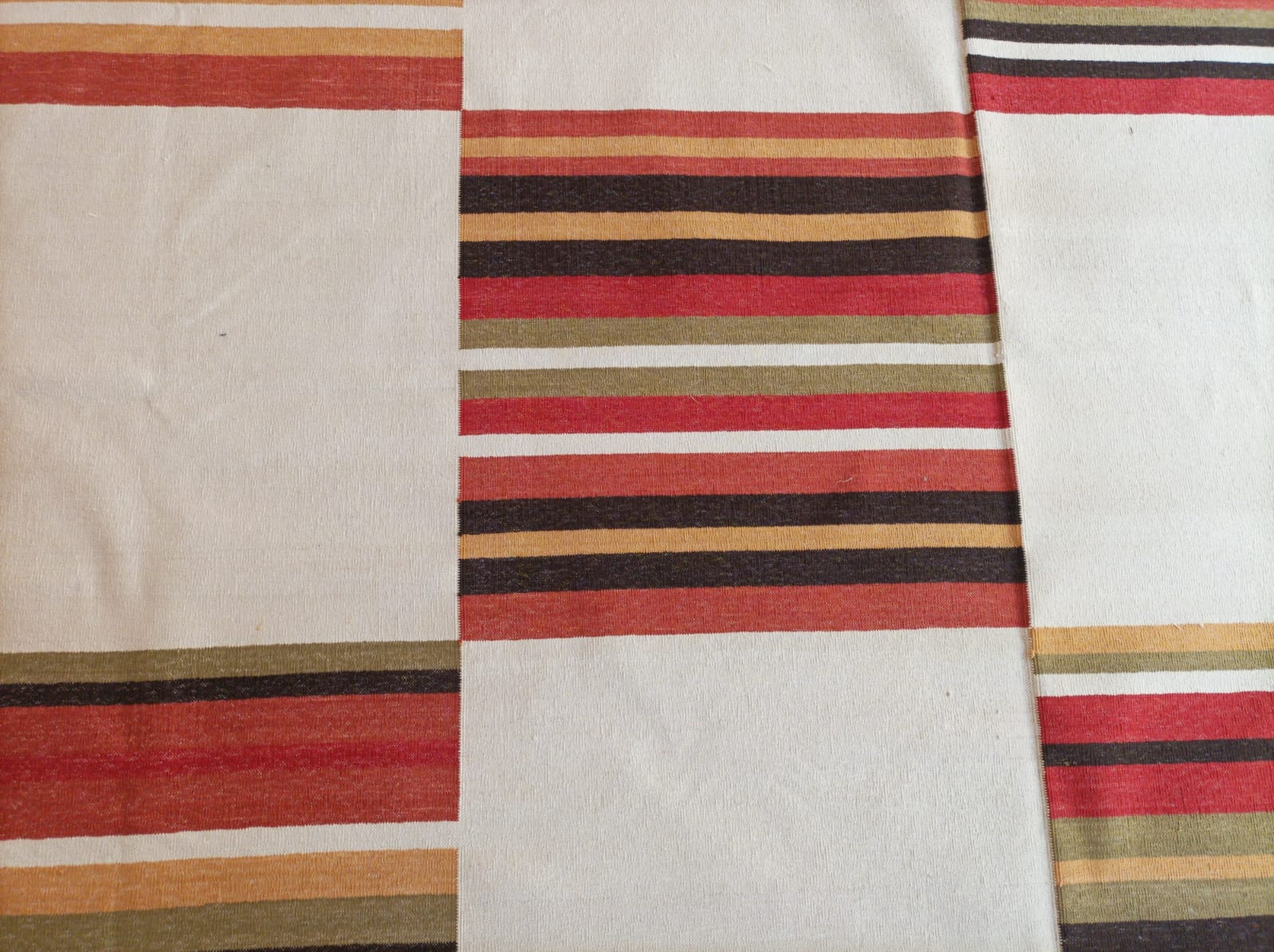 Modern Handmade Cotton Rug, 10x10 Cream, Red, Green, Brown Tile Striped Rug-6768