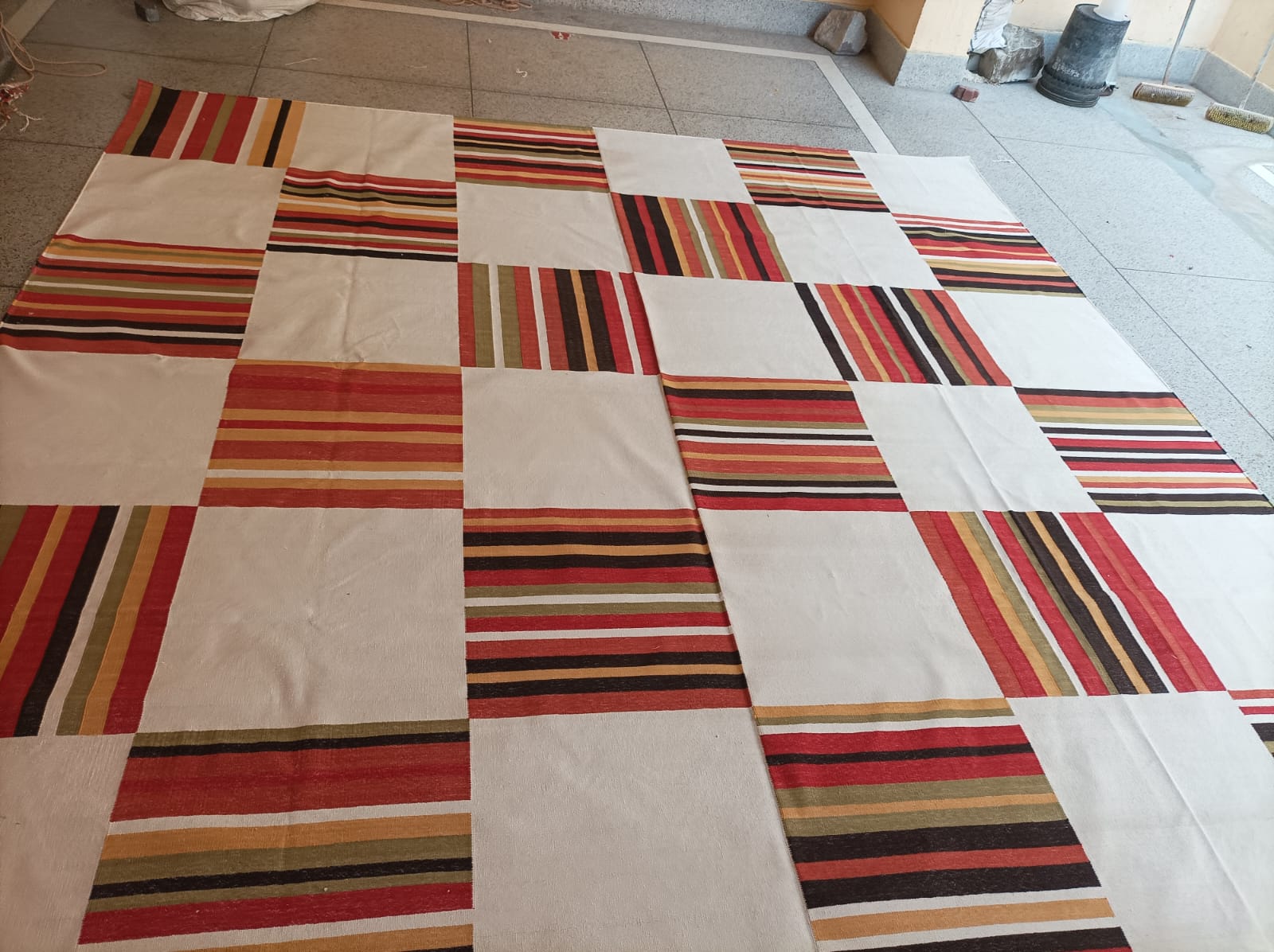 Modern Handmade Cotton Rug, 10x10 Cream, Red, Green, Brown Tile Striped Rug-6768
