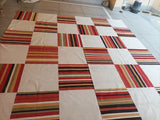 Modern Handmade Cotton Rug, 10x10 Cream, Red, Green, Brown Tile Striped Rug-6768