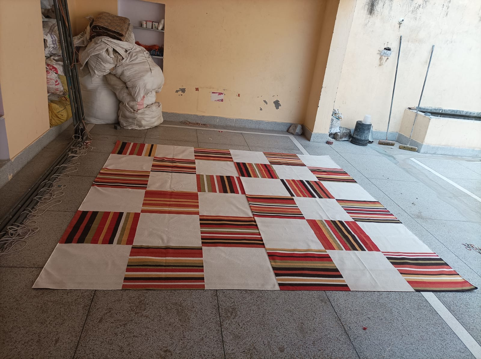 Modern Handmade Cotton Rug, 10x10 Cream, Red, Green, Brown Tile Striped Rug-6768