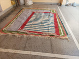 Modern Handmade Cotton Blue, White And Red Scalloped Striped Area Rug-6769