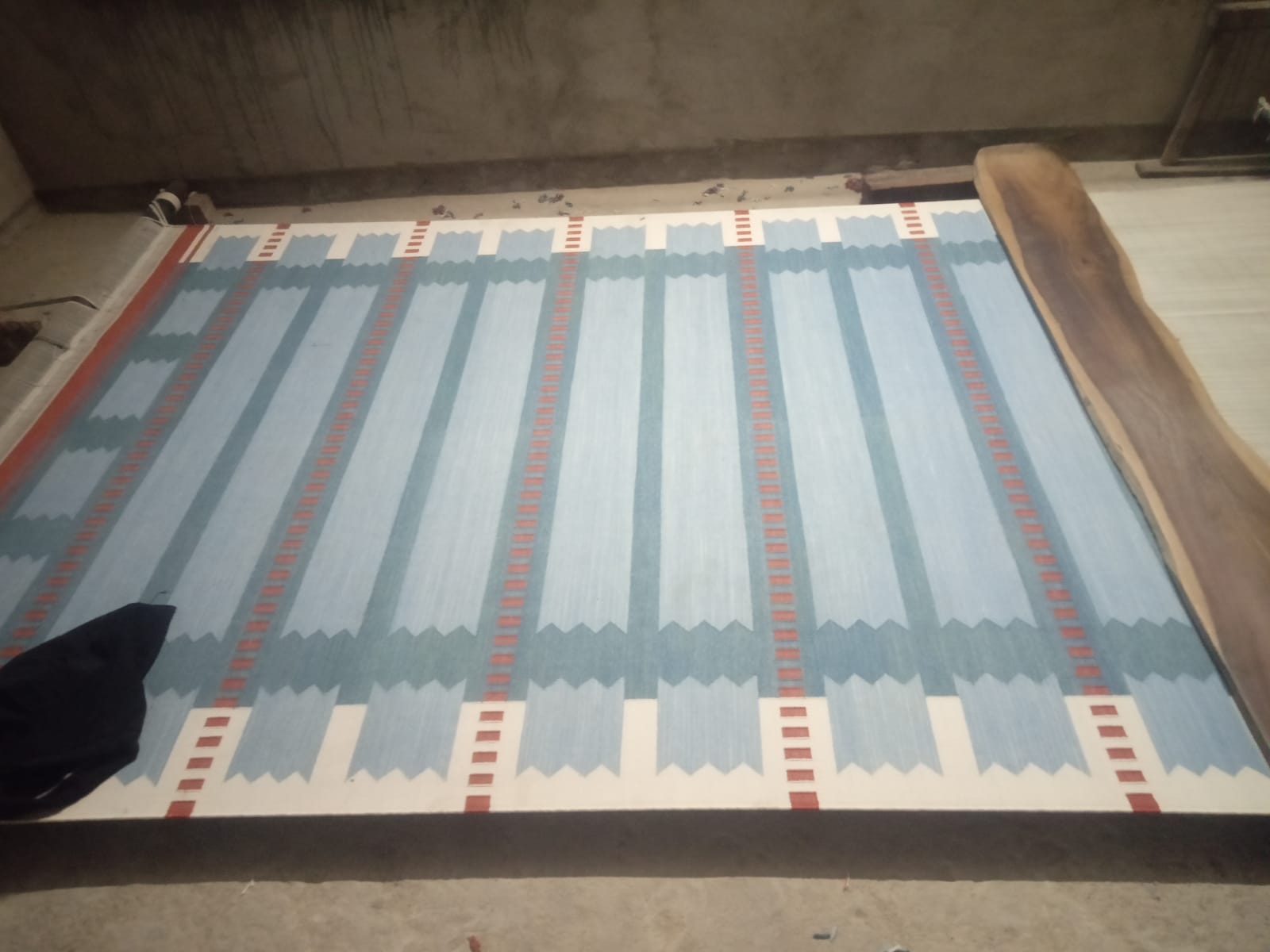 Modern Handmade Cotton Flat Weave Blue, Cream And Red Geometric Rug-6774