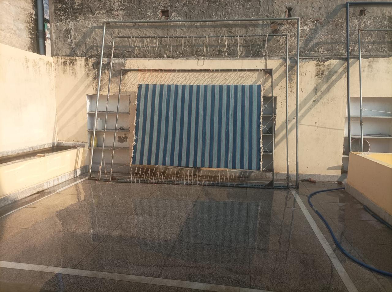 Modern Handmade Area Rug, Cotton Blue And Orange Striped Indian Dhurrie -6771