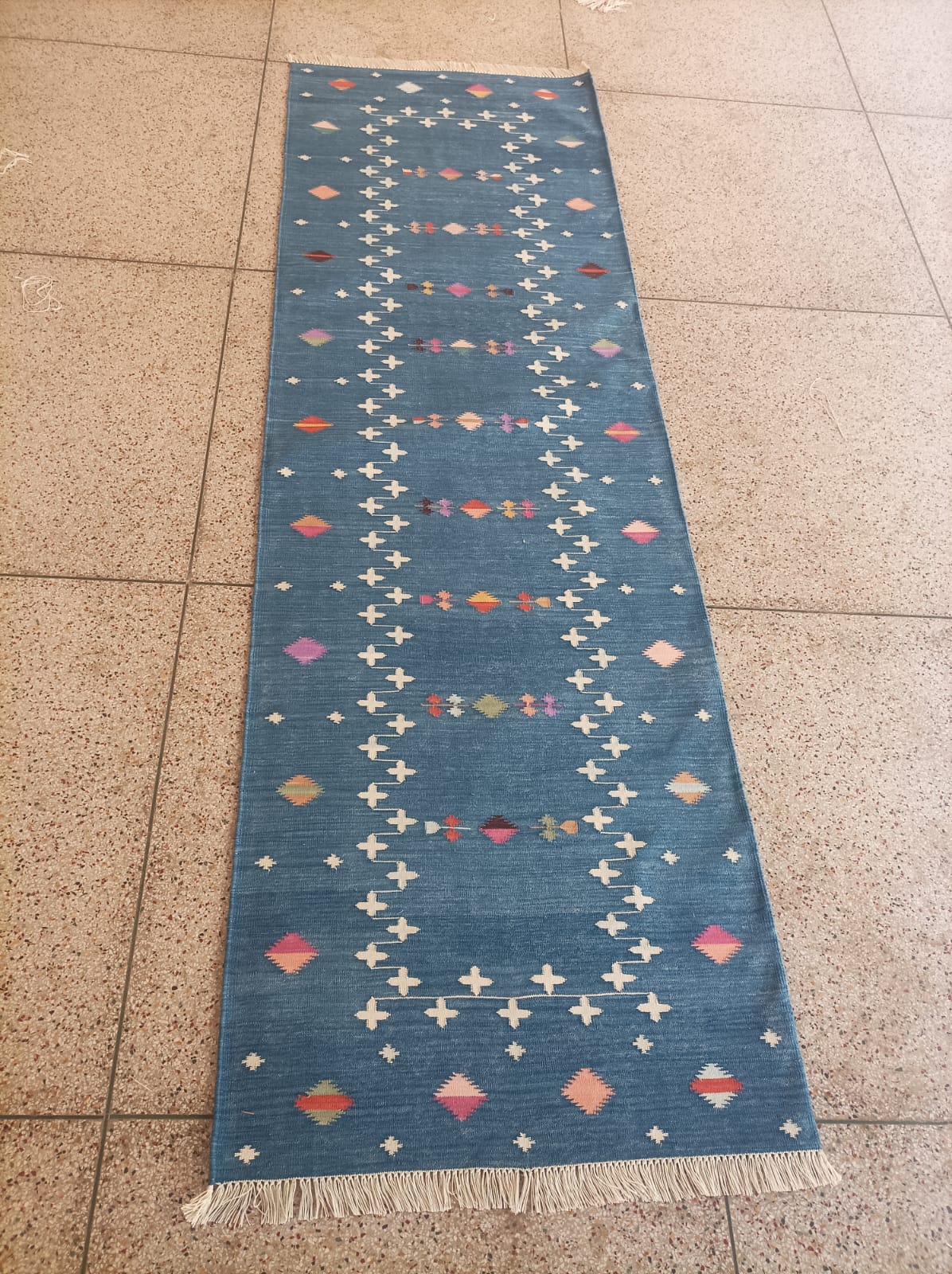 Modern Handmade Cotton Indigo Blue Shooting Star Dhurrie Runner-6772
