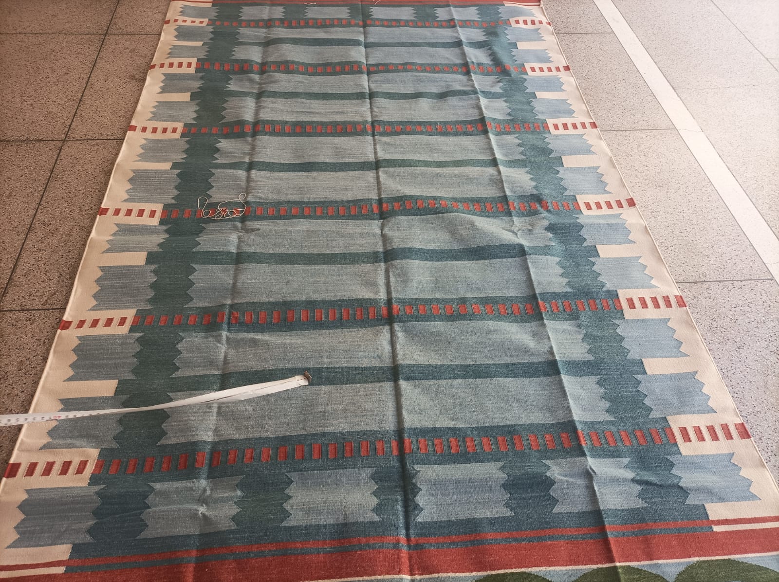 Modern Handmade Cotton Flat Weave Blue, Cream And Red Geometric Rug-6774