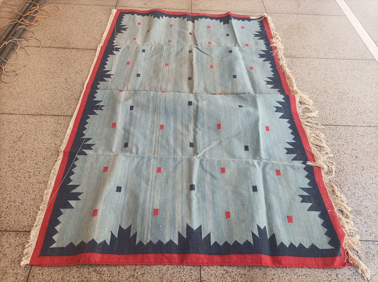 Modern Handmade Cotton Rug, 5x8 Sky And Navy Blue Red Border Geometric Diamond Rug-6775
