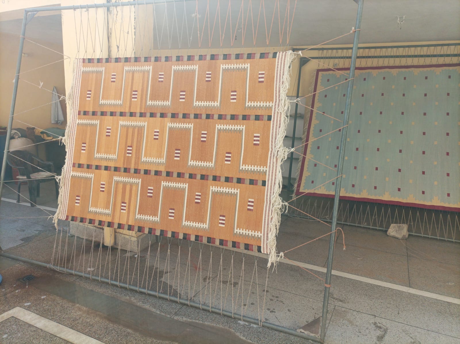 Modern Handmade Cotton Rug, 4x6 Mustard And Cream Geometric Rug-6776