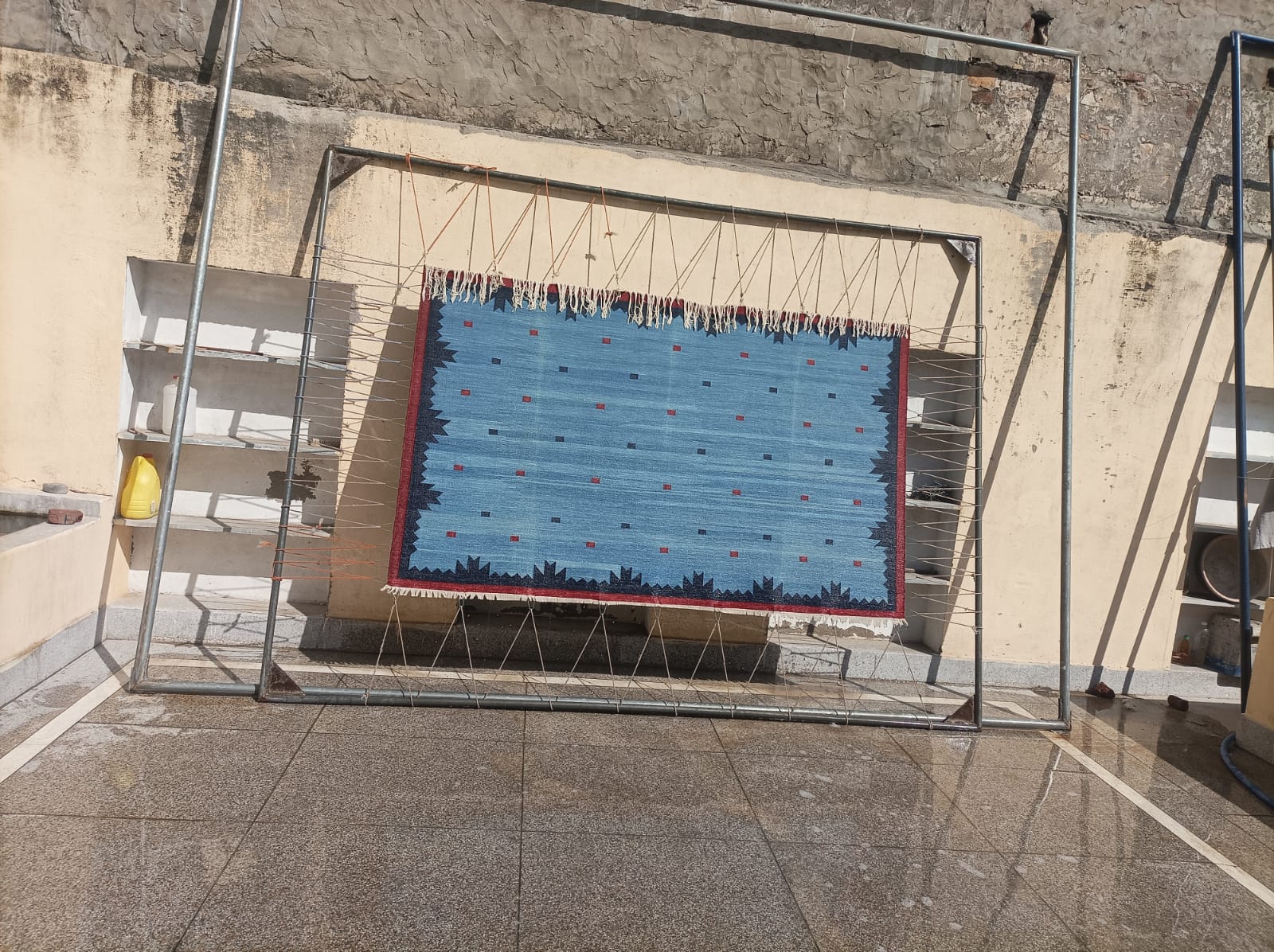 Modern Handmade Cotton Rug, 5x8 Sky And Navy Blue Red Border Geometric Diamond Rug-6775