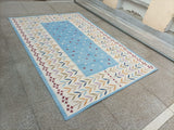 Modern Handmade Cotton Area Flat Weave Rug, Sky Blue And Cream Leaf Indian Dhurrie-6779
